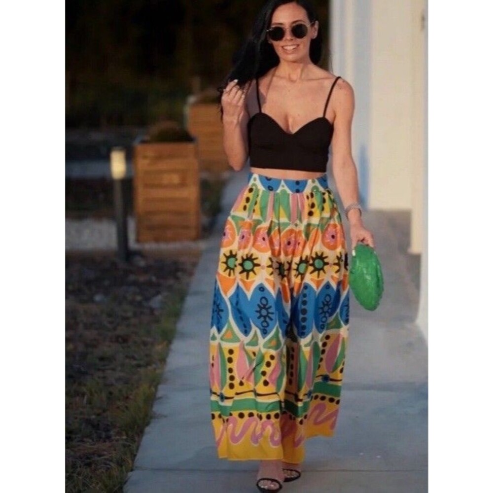 Zara M Maxi Skirt Batik Abstract African Colorful Rainbow Print Dopamine Dressin - Picture 3 of 7
